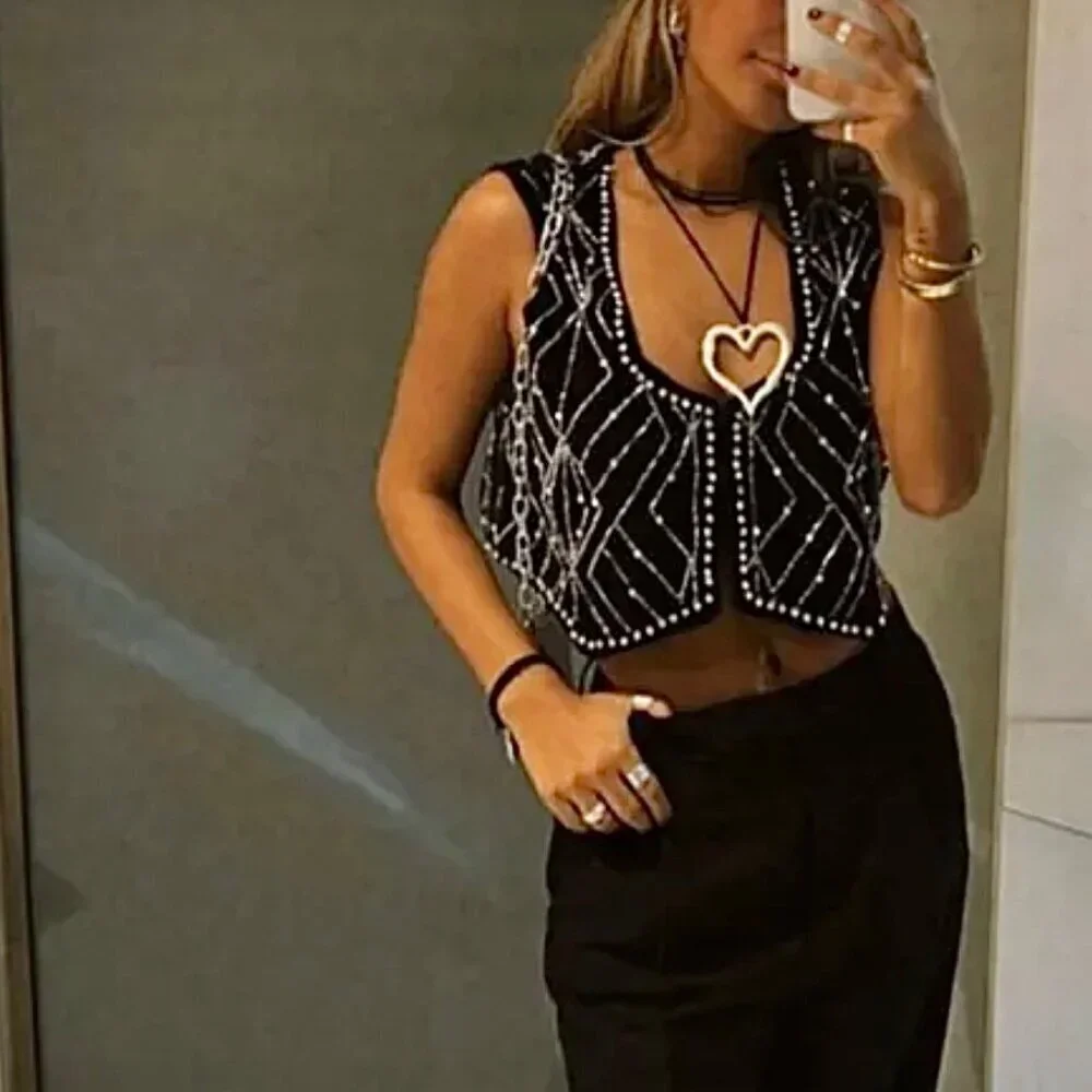 ZARA Black Velvet Waistcoat With Rhinestones Sz XS Vest Whimsigoth Boho Glam - Picture 15 of 16